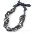 Chunky Silver Chain Black Pearl Ribbon Costume Necklace